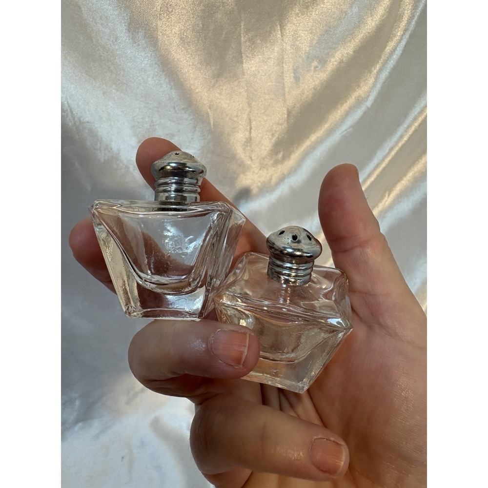 Vintage Irice Crystal Art Deco Salt And Pepper Shaker Set Square w/ Silver Lids